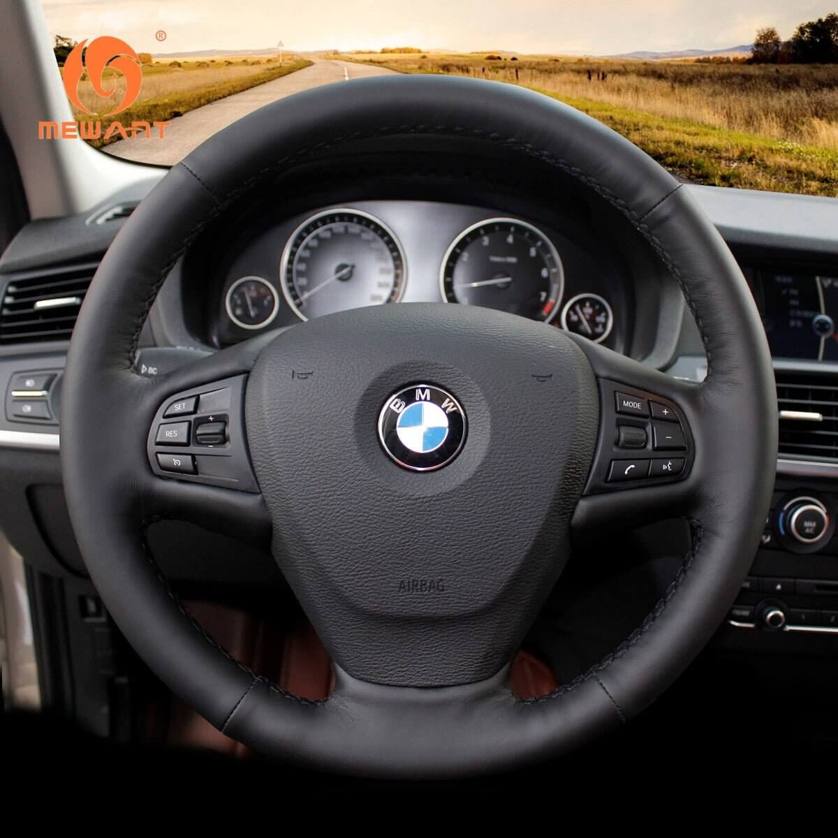 MEWANT Black Leather Suede Car Steering Wheel Cover for BMW X3 F25 2011 - 2013 / X5 F15 2014 - Alcantara, Leather, Carbon Fiber, Easy Install, Non - Slip, Best Steering Wheel Cover