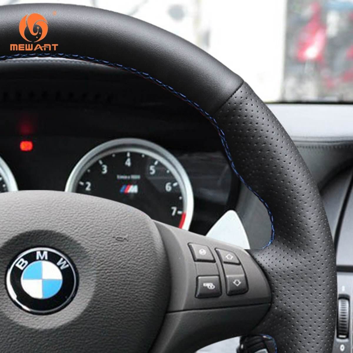 MEWANT Black Leather Suede Car Steering Wheel Cover for BMW X5 E70 (M Sport) /X5 M50d /X6 E71 (M Sport) /X6 M50d /X5 M E70 /X6 M E71 - Alcantara, Leather, Carbon Fiber, Easy Install, Non - Slip, Best Steering Wheel Cover
