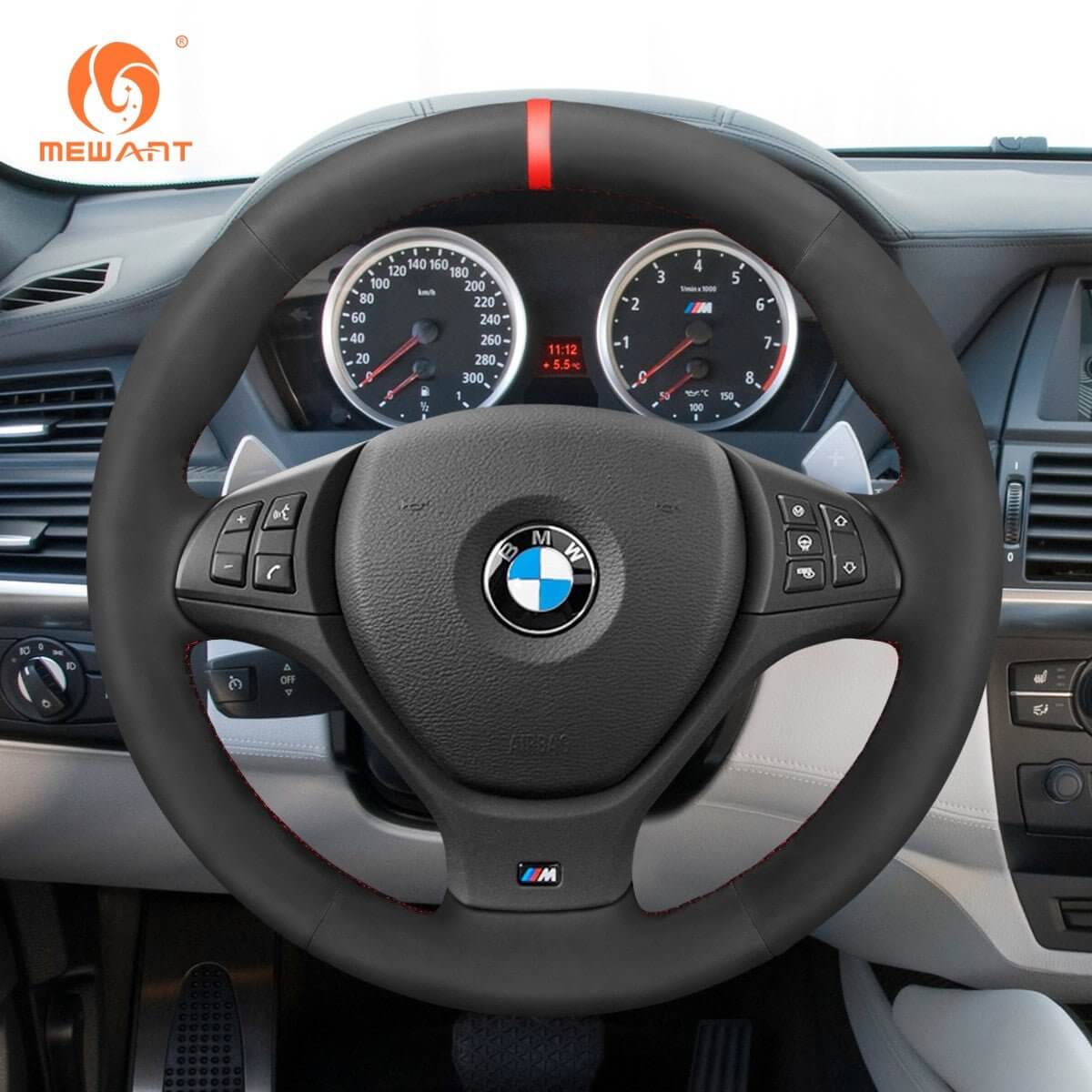 MEWANT Black Leather Suede Car Steering Wheel Cover for BMW X5 E70 (M Sport) /X5 M50d /X6 E71 (M Sport) /X6 M50d /X5 M E70 /X6 M E71 - Alcantara, Leather, Carbon Fiber, Easy Install, Non - Slip, Best Steering Wheel Cover