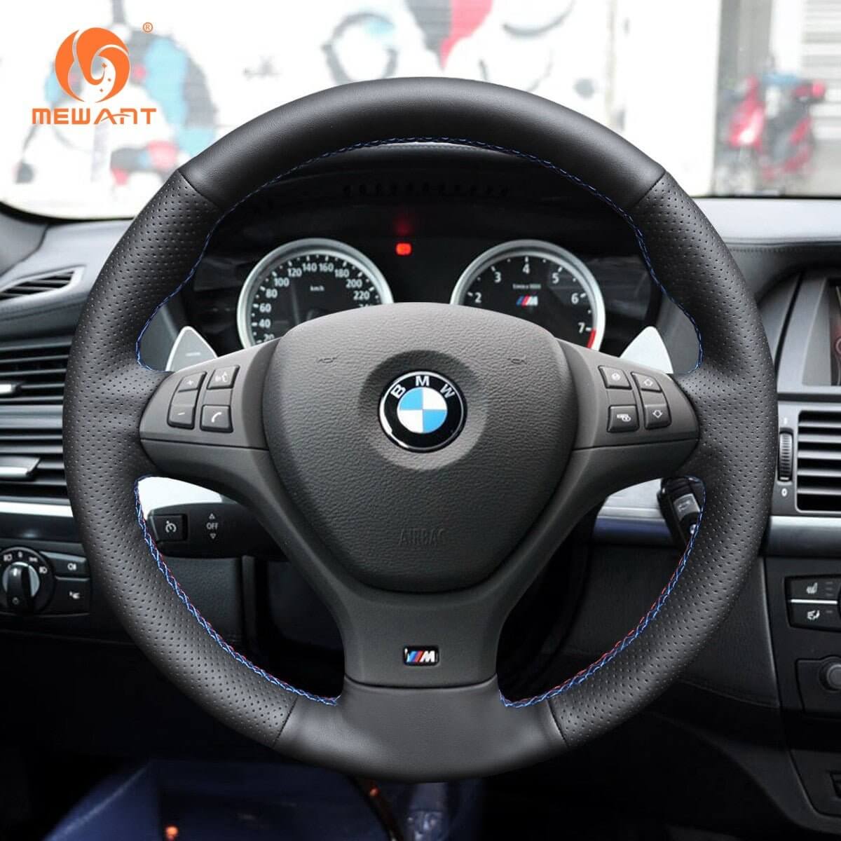 MEWANT Black Leather Suede Car Steering Wheel Cover for BMW X5 E70 (M Sport) /X5 M50d /X6 E71 (M Sport) /X6 M50d /X5 M E70 /X6 M E71 - Alcantara, Leather, Carbon Fiber, Easy Install, Non - Slip, Best Steering Wheel Cover