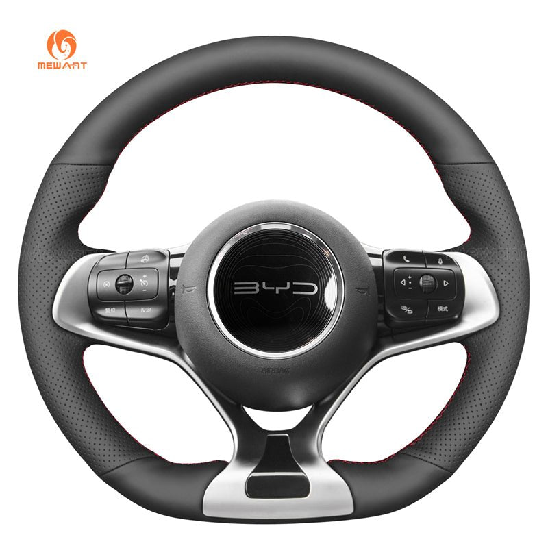 MEWANT Black Leather Suede Car Steering Wheel Cover for BYD Atto 3 / Dolphin - Alcantara, Leather, Carbon Fiber, Easy Install, Non - Slip, Best Steering Wheel Cover