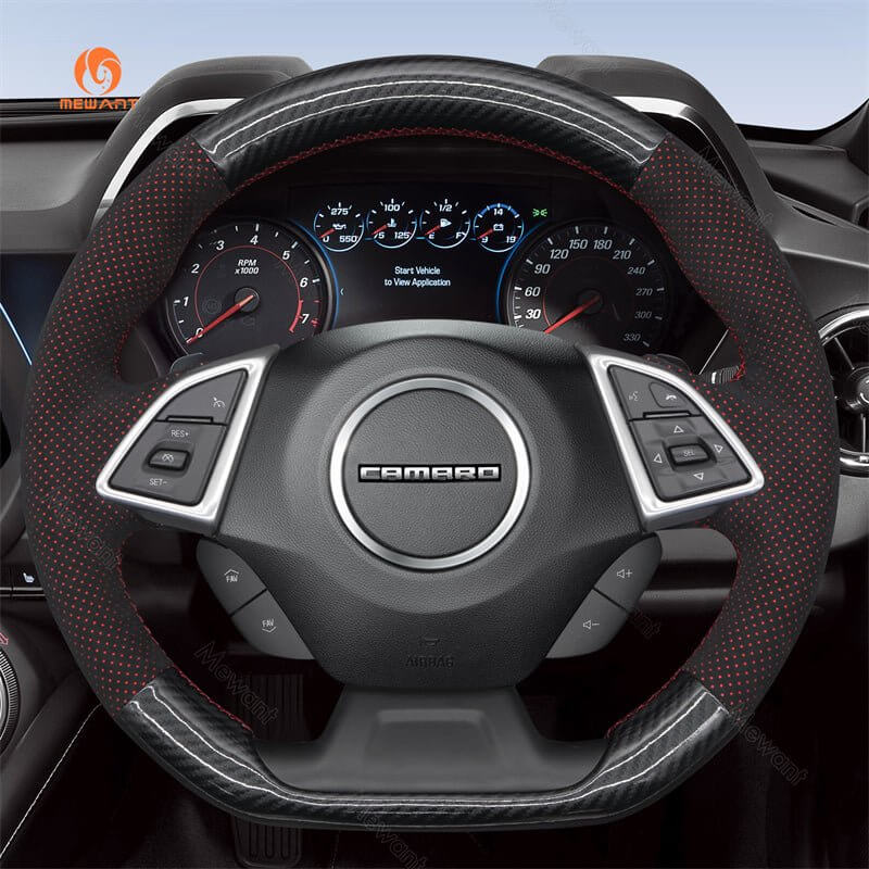 MEWANT Black Leather Suede Car Steering Wheel Cover for Chevrolet Camaro - Alcantara, Leather, Carbon Fiber, Easy Install, Non - Slip, Best Steering Wheel Cover