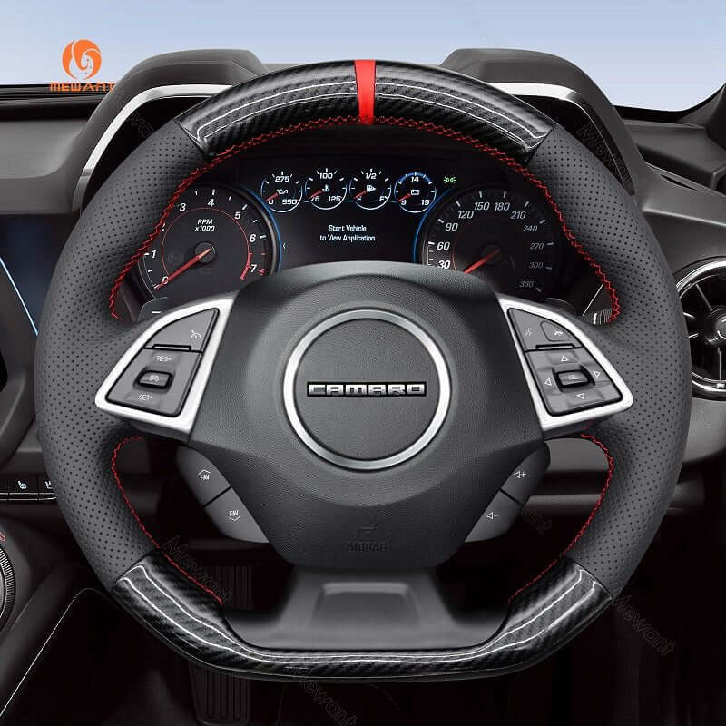 MEWANT Black Leather Suede Car Steering Wheel Cover for Chevrolet Camaro - Alcantara, Leather, Carbon Fiber, Easy Install, Non - Slip, Best Steering Wheel Cover