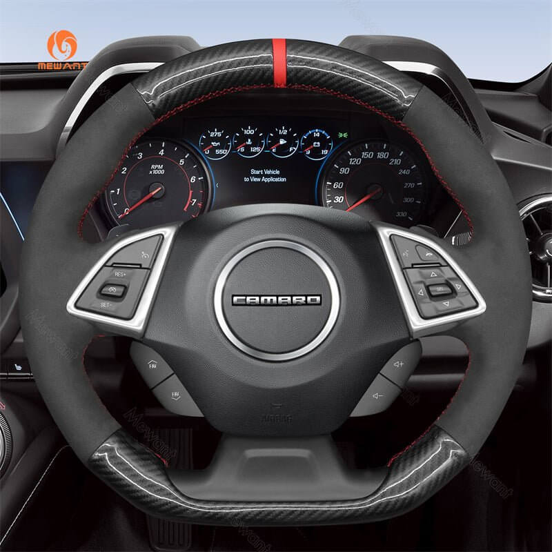 MEWANT Black Leather Suede Car Steering Wheel Cover for Chevrolet Camaro - Alcantara, Leather, Carbon Fiber, Easy Install, Non - Slip, Best Steering Wheel Cover