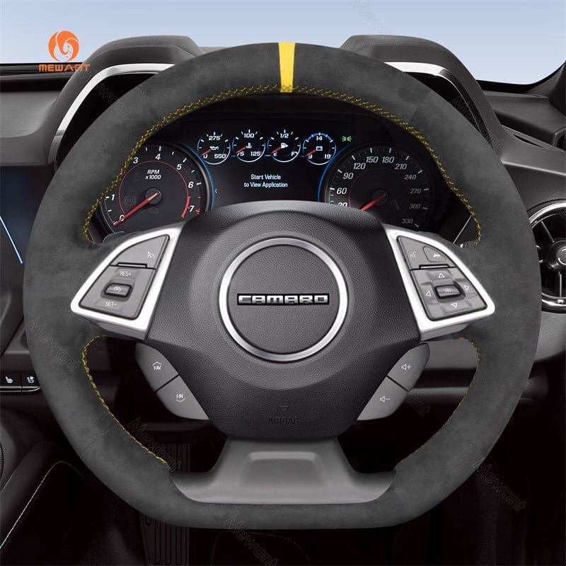 MEWANT Black Leather Suede Car Steering Wheel Cover for Chevrolet Camaro - Alcantara, Leather, Carbon Fiber, Easy Install, Non - Slip, Best Steering Wheel Cover