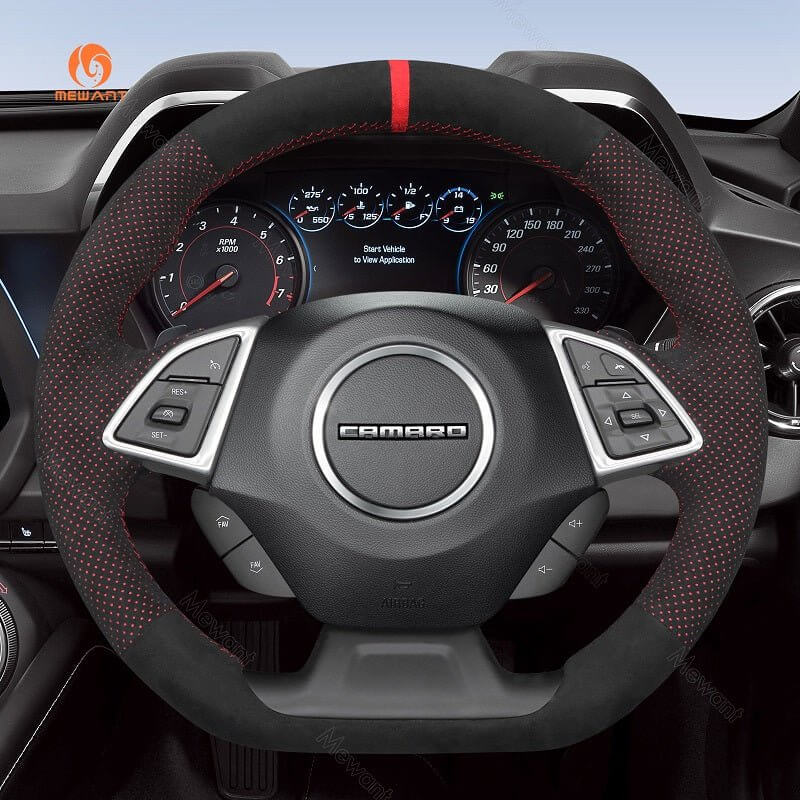 MEWANT Black Leather Suede Car Steering Wheel Cover for Chevrolet Camaro - Alcantara, Leather, Carbon Fiber, Easy Install, Non - Slip, Best Steering Wheel Cover