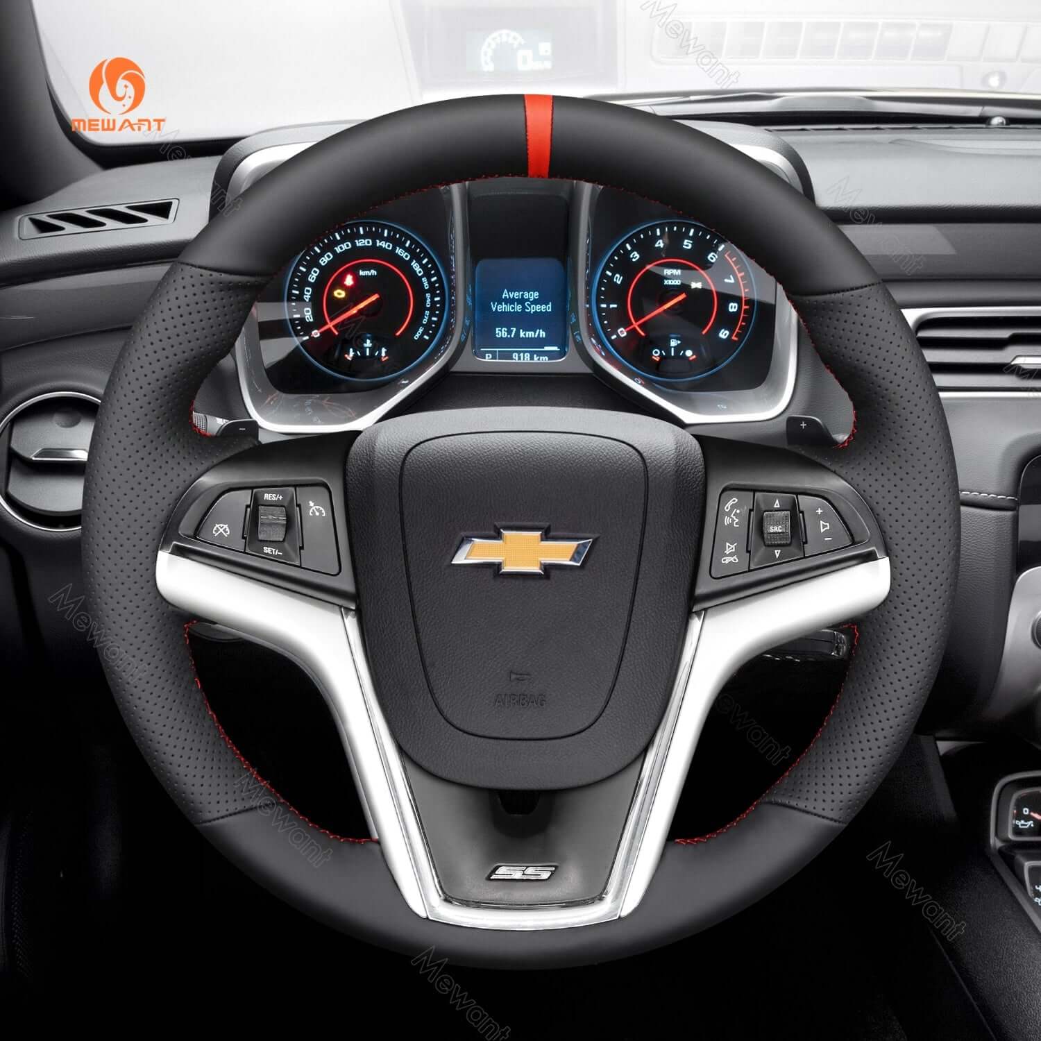 MEWANT Black Leather Suede Car Steering Wheel Cover for Chevrolet Camaro - Alcantara, Leather, Carbon Fiber, Easy Install, Non - Slip, Best Steering Wheel Cover
