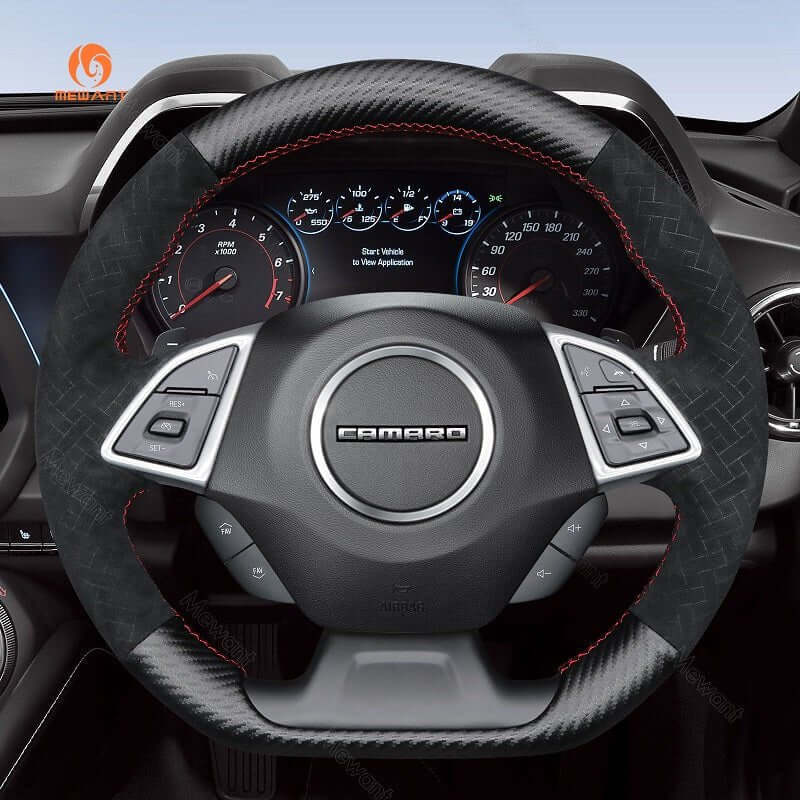 MEWANT Black Leather Suede Car Steering Wheel Cover for Chevrolet Camaro - Alcantara, Leather, Carbon Fiber, Easy Install, Non - Slip, Best Steering Wheel Cover