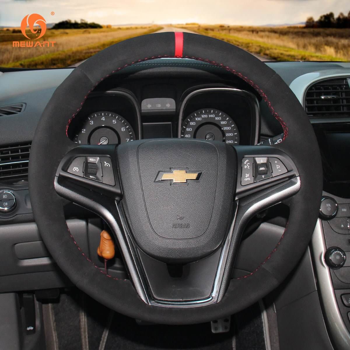 MEWANT Black Leather Suede Car Steering Wheel Cover for Chevrolet Malibu / Volt - Alcantara, Leather, Carbon Fiber, Easy Install, Non - Slip, Best Steering Wheel Cover