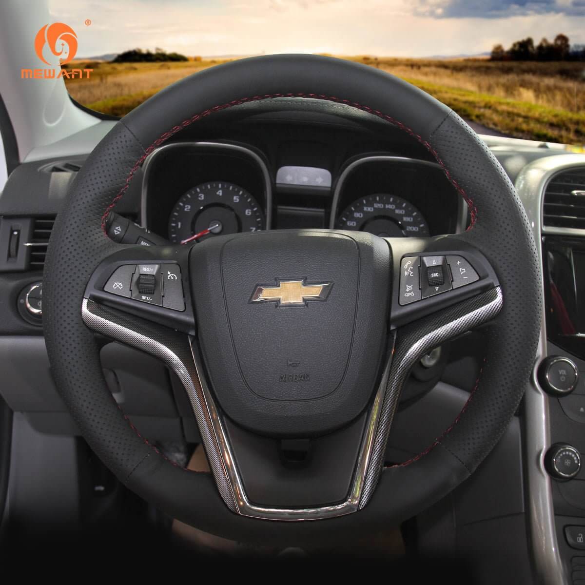 MEWANT Black Leather Suede Car Steering Wheel Cover for Chevrolet Malibu / Volt - Alcantara, Leather, Carbon Fiber, Easy Install, Non - Slip, Best Steering Wheel Cover