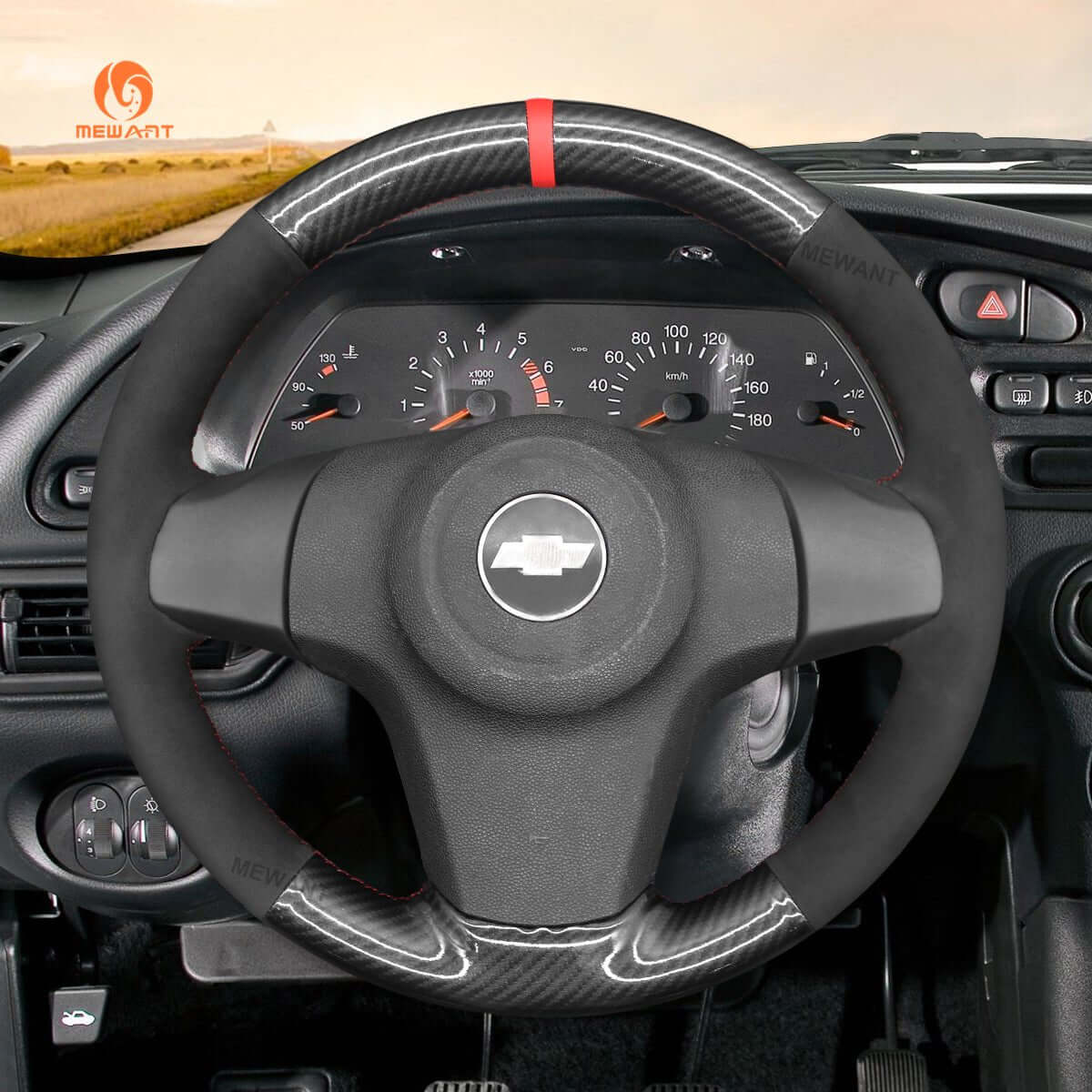 MEWANT Black Leather Suede Car Steering Wheel Cover for Chevrolet Niva 2009 - 2020 - Alcantara, Leather, Carbon Fiber, Easy Install, Non - Slip, Best Steering Wheel Cover