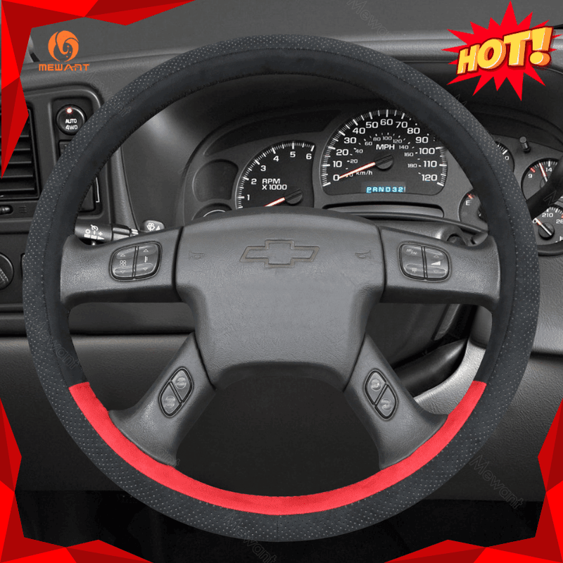 MEWANT Black Leather Suede Car Steering Wheel Cover for Chevrolet Silverado 2001 - 2009 - Alcantara, Leather, Carbon Fiber, Easy Install, Non - Slip, Best Steering Wheel Cover