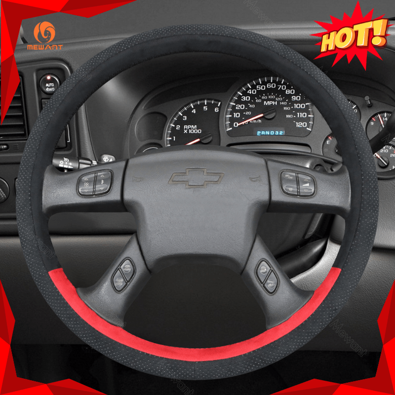 MEWANT Black Leather Suede Car Steering Wheel Cover for Chevrolet Silverado - Alcantara, Leather, Carbon Fiber, Easy Install, Non - Slip, Best Steering Wheel Cover
