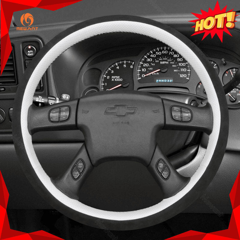 MEWANT Black Leather Suede Car Steering Wheel Cover for Chevrolet Silverado - Alcantara, Leather, Carbon Fiber, Easy Install, Non - Slip, Best Steering Wheel Cover