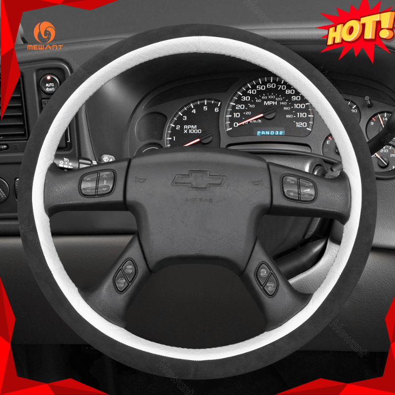 MEWANT Black Leather Suede Car Steering Wheel Cover for Chevrolet Silverado - Alcantara, Leather, Carbon Fiber, Easy Install, Non - Slip, Best Steering Wheel Cover