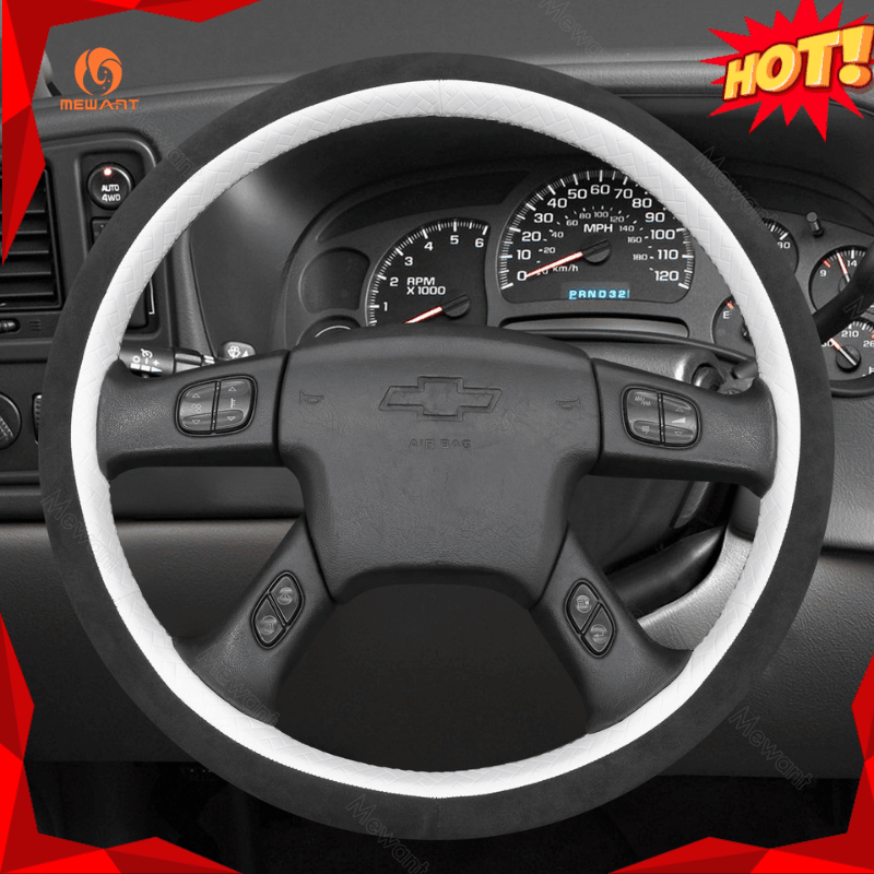 MEWANT Black Leather Suede Car Steering Wheel Cover for Chevrolet Silverado - Alcantara, Leather, Carbon Fiber, Easy Install, Non - Slip, Best Steering Wheel Cover