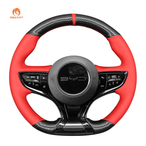MEWANT Black Leather Suede Car Steering Wheel Cover for for BYD Seal 2023 - 2024 - Alcantara, Leather, Carbon Fiber, Easy Install, Non - Slip, Best Steering Wheel Cover