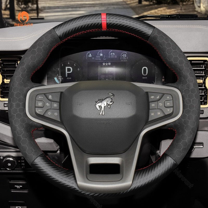 MEWANT Black Leather Suede Car Steering Wheel Cover for Ford Bronco - Alcantara, Leather, Carbon Fiber, Easy Install, Non - Slip, Best Steering Wheel Cover
