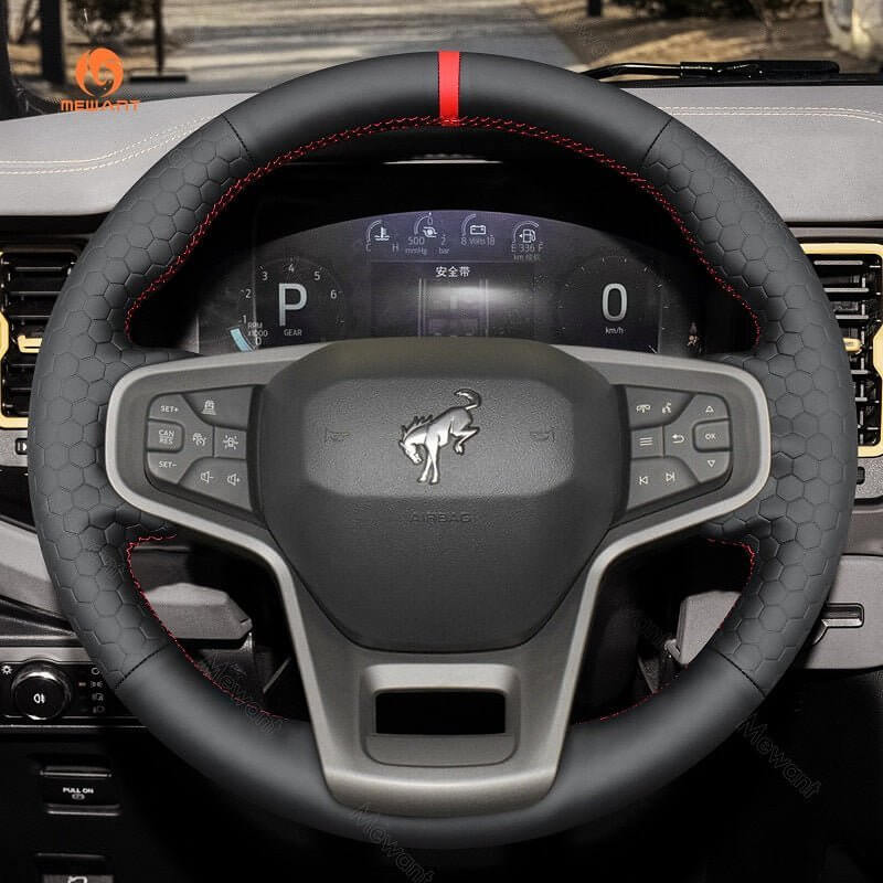 MEWANT Black Leather Suede Car Steering Wheel Cover for Ford Bronco - Alcantara, Leather, Carbon Fiber, Easy Install, Non - Slip, Best Steering Wheel Cover