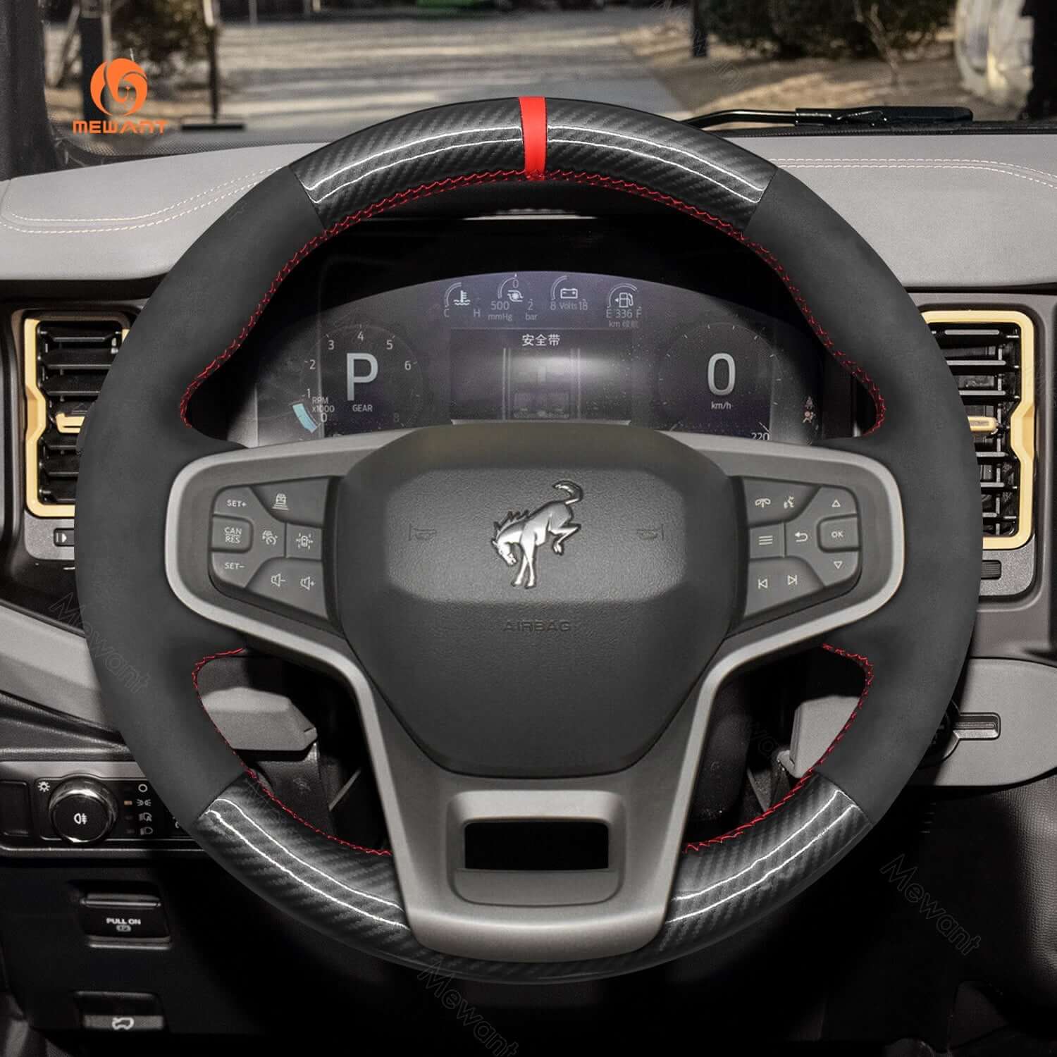 MEWANT Black Leather Suede Car Steering Wheel Cover for Ford Bronco - Alcantara, Leather, Carbon Fiber, Easy Install, Non - Slip, Best Steering Wheel Cover