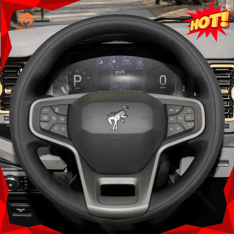 MEWANT Black Leather Suede Car Steering Wheel Cover for Ford Bronco - Alcantara, Leather, Carbon Fiber, Easy Install, Non - Slip, Best Steering Wheel Cover