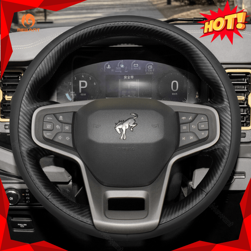 MEWANT Black Leather Suede Car Steering Wheel Cover for Ford Bronco - Alcantara, Leather, Carbon Fiber, Easy Install, Non - Slip, Best Steering Wheel Cover