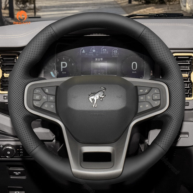 MEWANT Black Leather Suede Car Steering Wheel Cover for Ford Bronco - Alcantara, Leather, Carbon Fiber, Easy Install, Non - Slip, Best Steering Wheel Cover