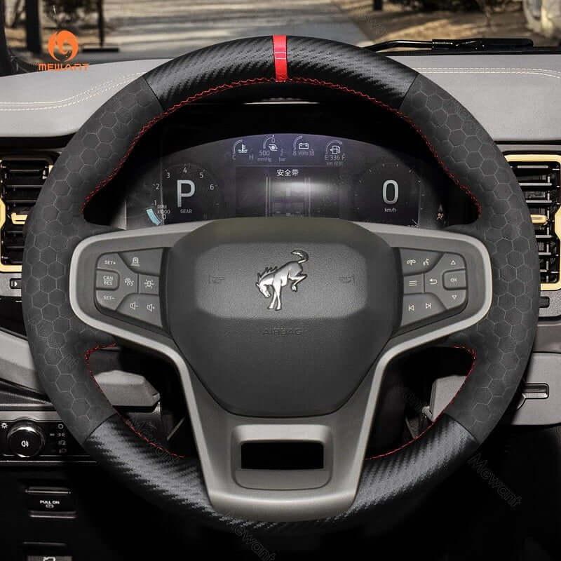 MEWANT Black Leather Suede Car Steering Wheel Cover for Ford Bronco - Alcantara, Leather, Carbon Fiber, Easy Install, Non - Slip, Best Steering Wheel Cover
