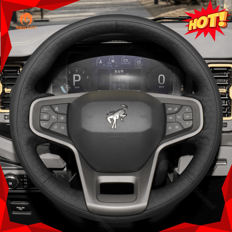 MEWANT Black Leather Suede Car Steering Wheel Cover for Ford Bronco - Alcantara, Leather, Carbon Fiber, Easy Install, Non - Slip, Best Steering Wheel Cover