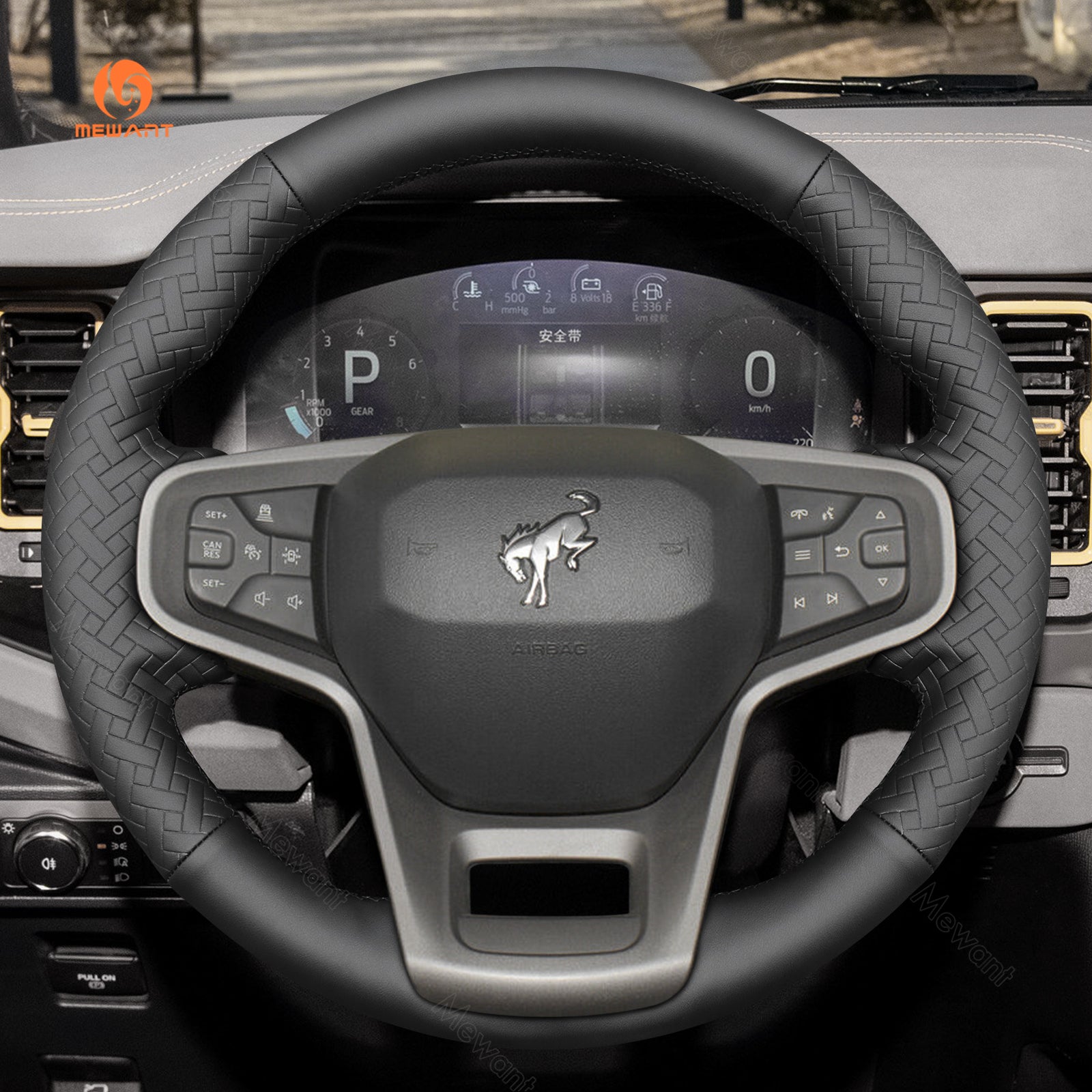 MEWANT Black Leather Suede Car Steering Wheel Cover for Ford Bronco - Alcantara, Leather, Carbon Fiber, Easy Install, Non - Slip, Best Steering Wheel Cover