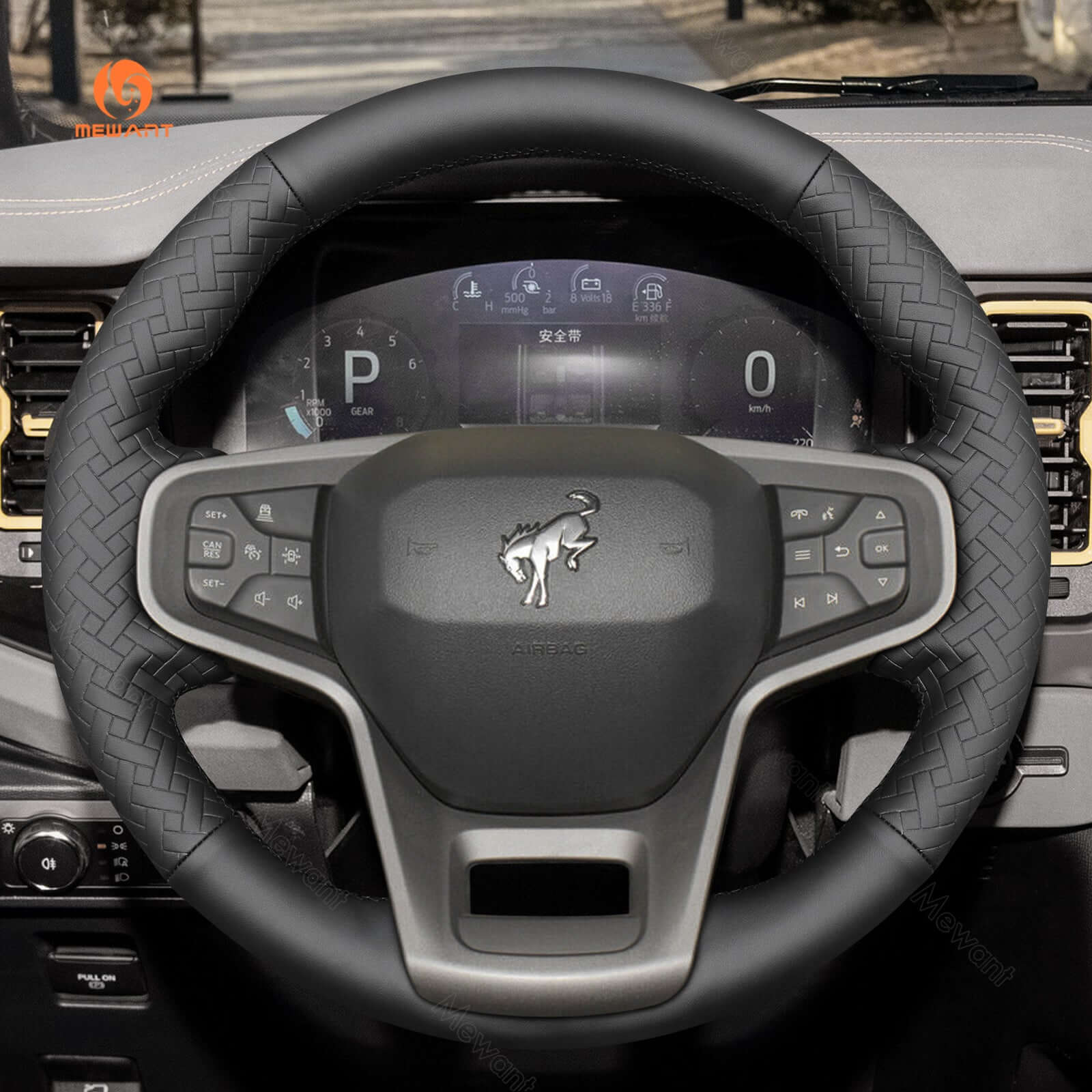 MEWANT Black Leather Suede Car Steering Wheel Cover for Ford Bronco - Alcantara, Leather, Carbon Fiber, Easy Install, Non - Slip, Best Steering Wheel Cover