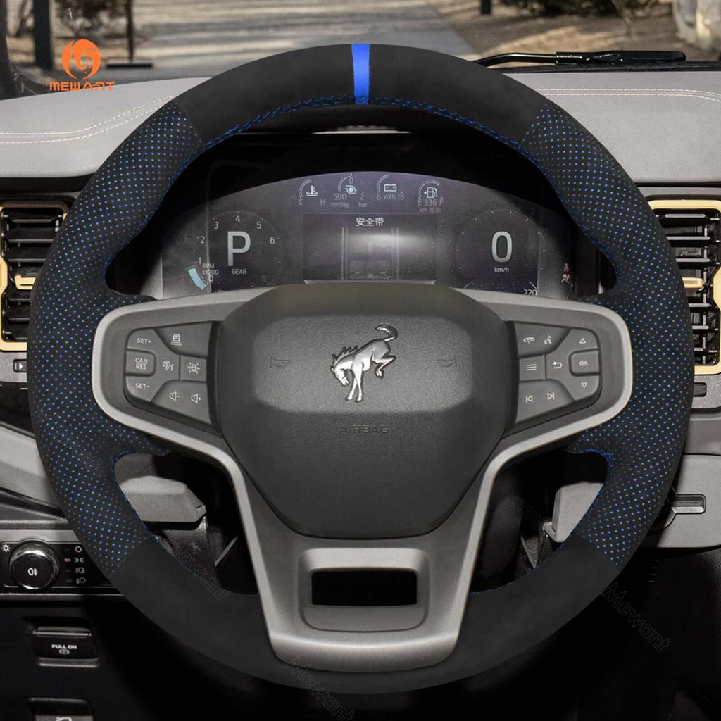 MEWANT Black Leather Suede Car Steering Wheel Cover for Ford Bronco - Alcantara, Leather, Carbon Fiber, Easy Install, Non - Slip, Best Steering Wheel Cover