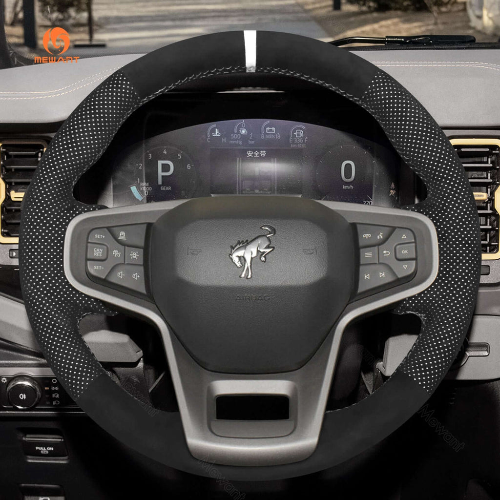 MEWANT Black Leather Suede Car Steering Wheel Cover for Ford Bronco - Alcantara, Leather, Carbon Fiber, Easy Install, Non - Slip, Best Steering Wheel Cover
