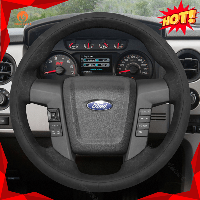 MEWANT Black Leather Suede Car Steering Wheel Cover for Ford F - 150 F150 Raptor - Alcantara, Leather, Carbon Fiber, Easy Install, Non - Slip, Best Steering Wheel Cover