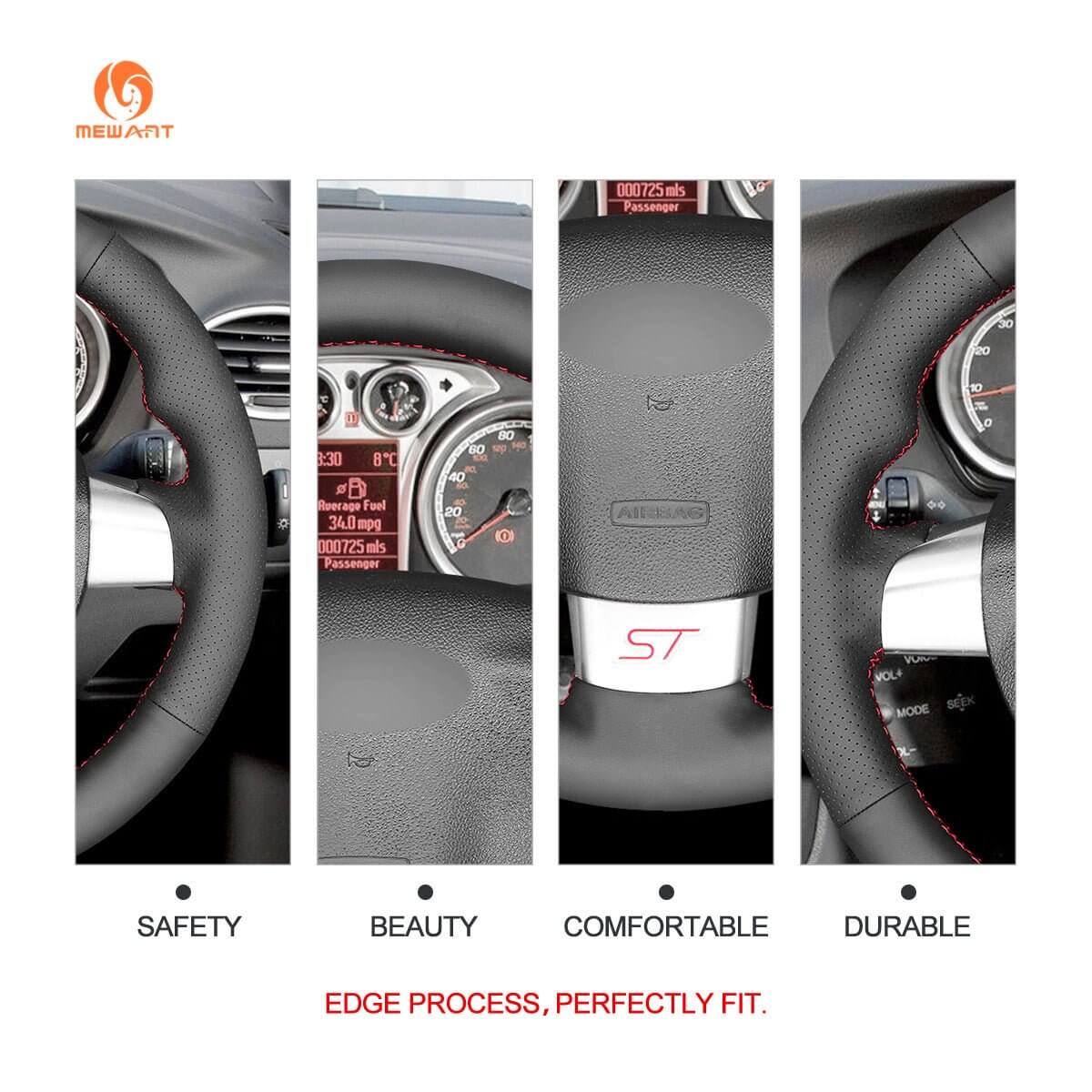 MEWANT Black Leather Suede Car Steering Wheel Cover for Ford Focus ST / Focus RS - Alcantara, Leather, Carbon Fiber, Easy Install, Non - Slip, Best Steering Wheel Cover