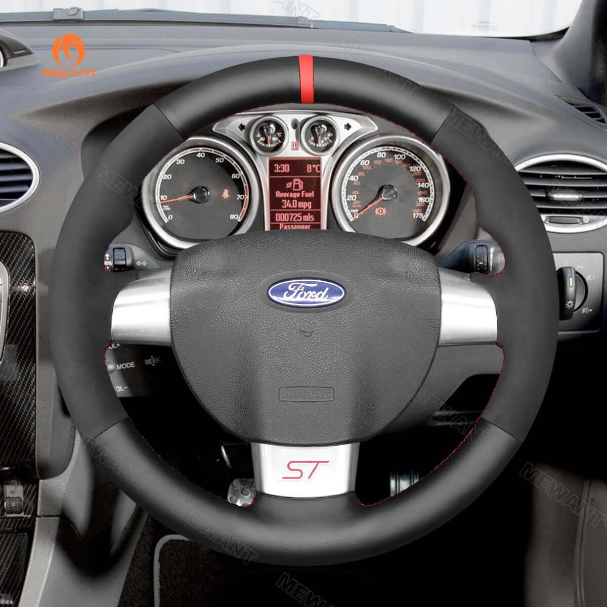 MEWANT Black Leather Suede Car Steering Wheel Cover for Ford Focus ST / Focus RS - Alcantara, Leather, Carbon Fiber, Easy Install, Non - Slip, Best Steering Wheel Cover