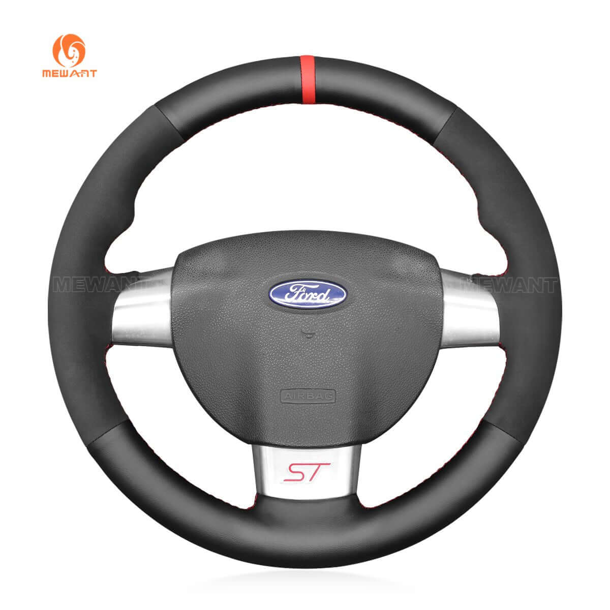 MEWANT Black Leather Suede Car Steering Wheel Cover for Ford Focus ST / Focus RS - Alcantara, Leather, Carbon Fiber, Easy Install, Non - Slip, Best Steering Wheel Cover