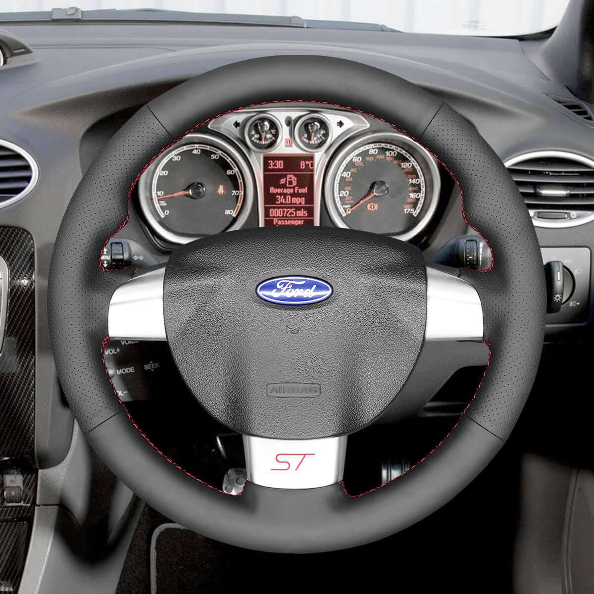 MEWANT Black Leather Suede Car Steering Wheel Cover for Ford Focus ST / Focus RS - Alcantara, Leather, Carbon Fiber, Easy Install, Non - Slip, Best Steering Wheel Cover