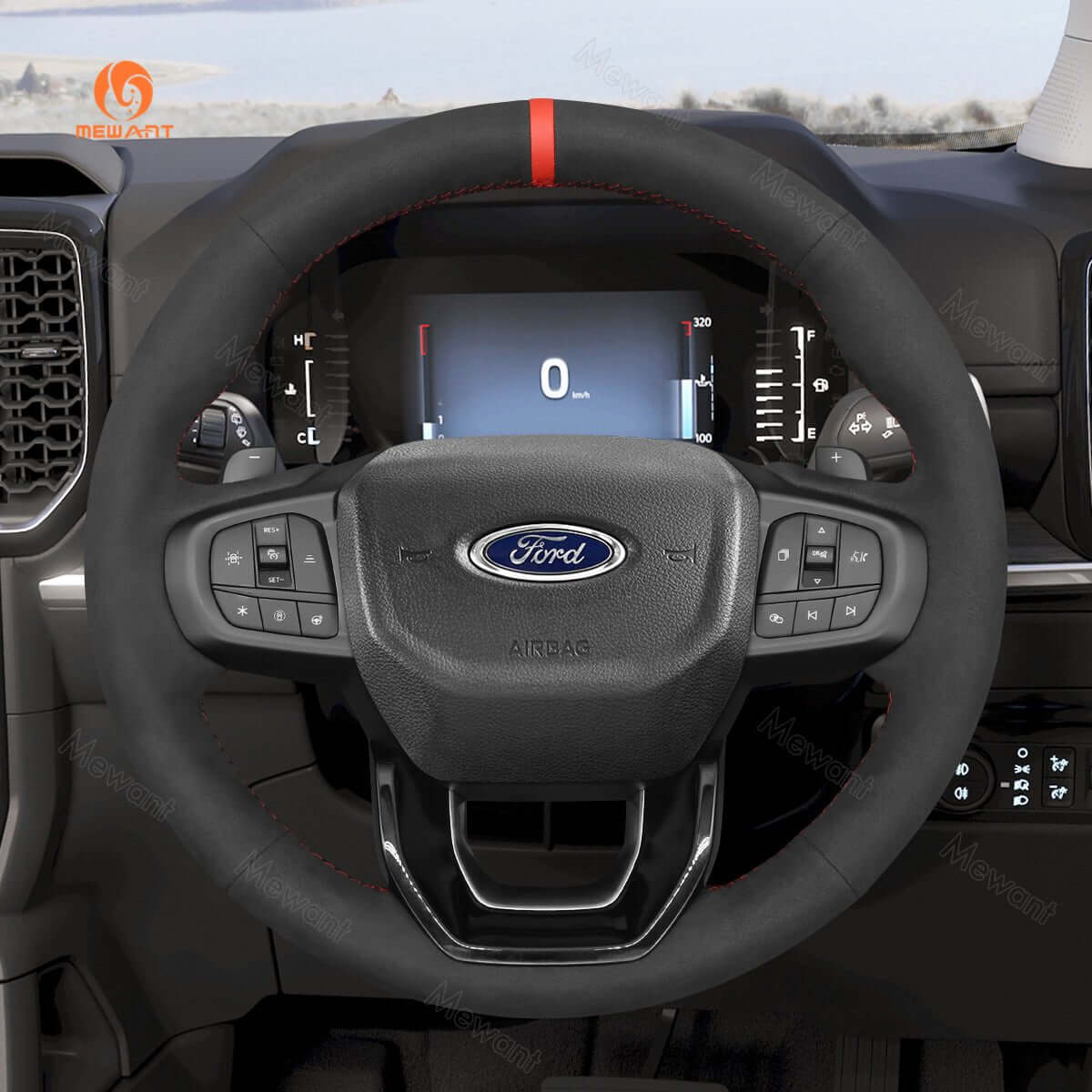 MEWANT Black Leather Suede Car Steering Wheel Cover for Ford Ranger / Everest - Alcantara, Leather, Carbon Fiber, Easy Install, Non - Slip, Best Steering Wheel Cover