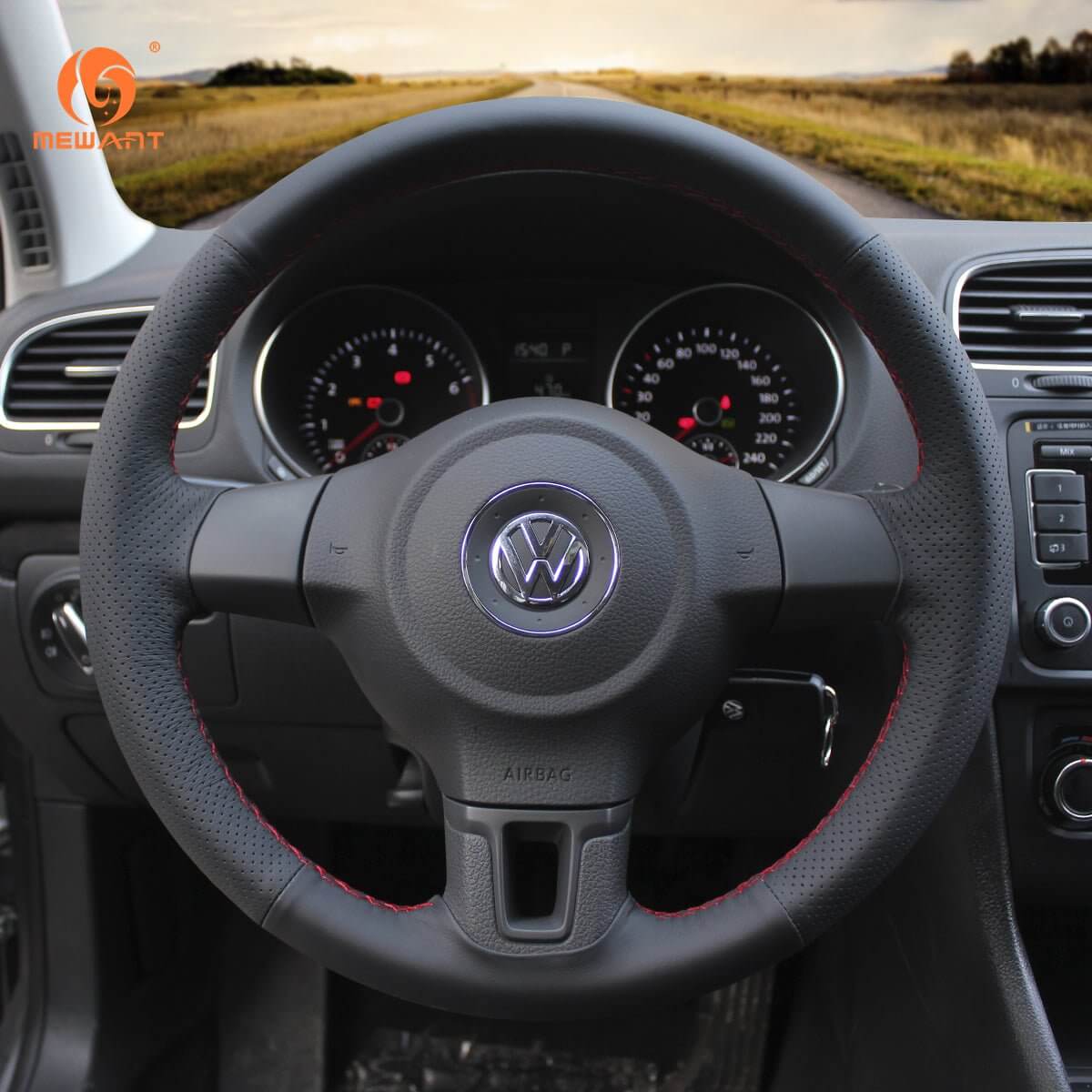 MEWANT Black Leather Suede Car Steering Wheel Cover for Volkswagen Golf 6 (VI) /Golf Plus / Polo / Tiguan /Touran / Caddy / Jetta - Alcantara, Leather, Carbon Fiber, Easy Install, Non - Slip, Best Steering Wheel Cover