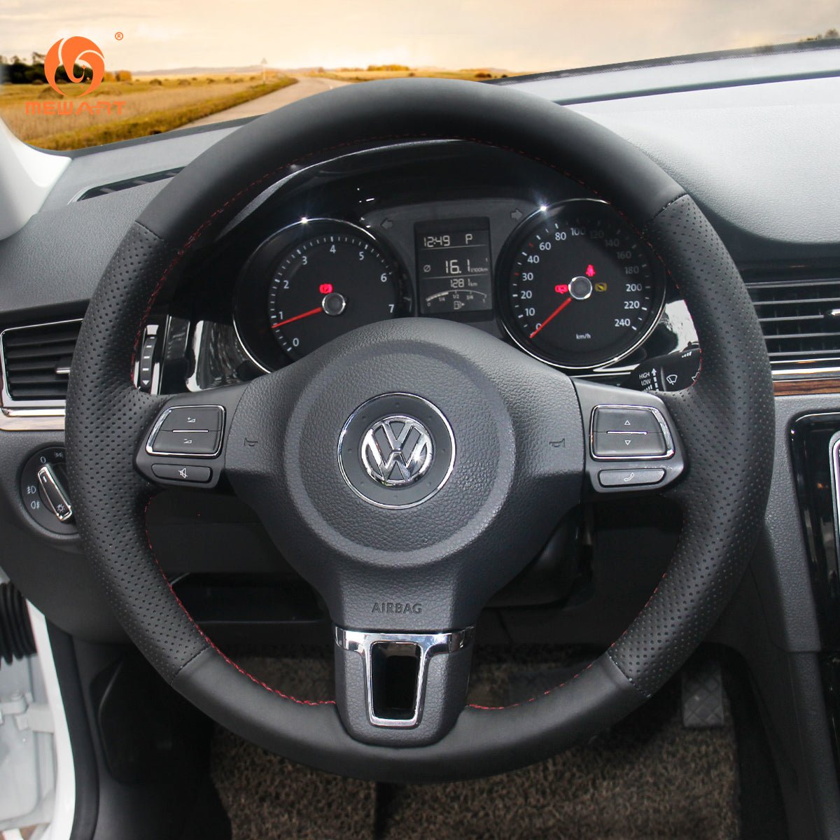 MEWANT Black Leather Suede Car Steering Wheel Cover for Volkswagen Golf 6 (VI) /Golf Plus / Polo / Tiguan /Touran / Caddy / Jetta - Alcantara, Leather, Carbon Fiber, Easy Install, Non - Slip, Best Steering Wheel Cover