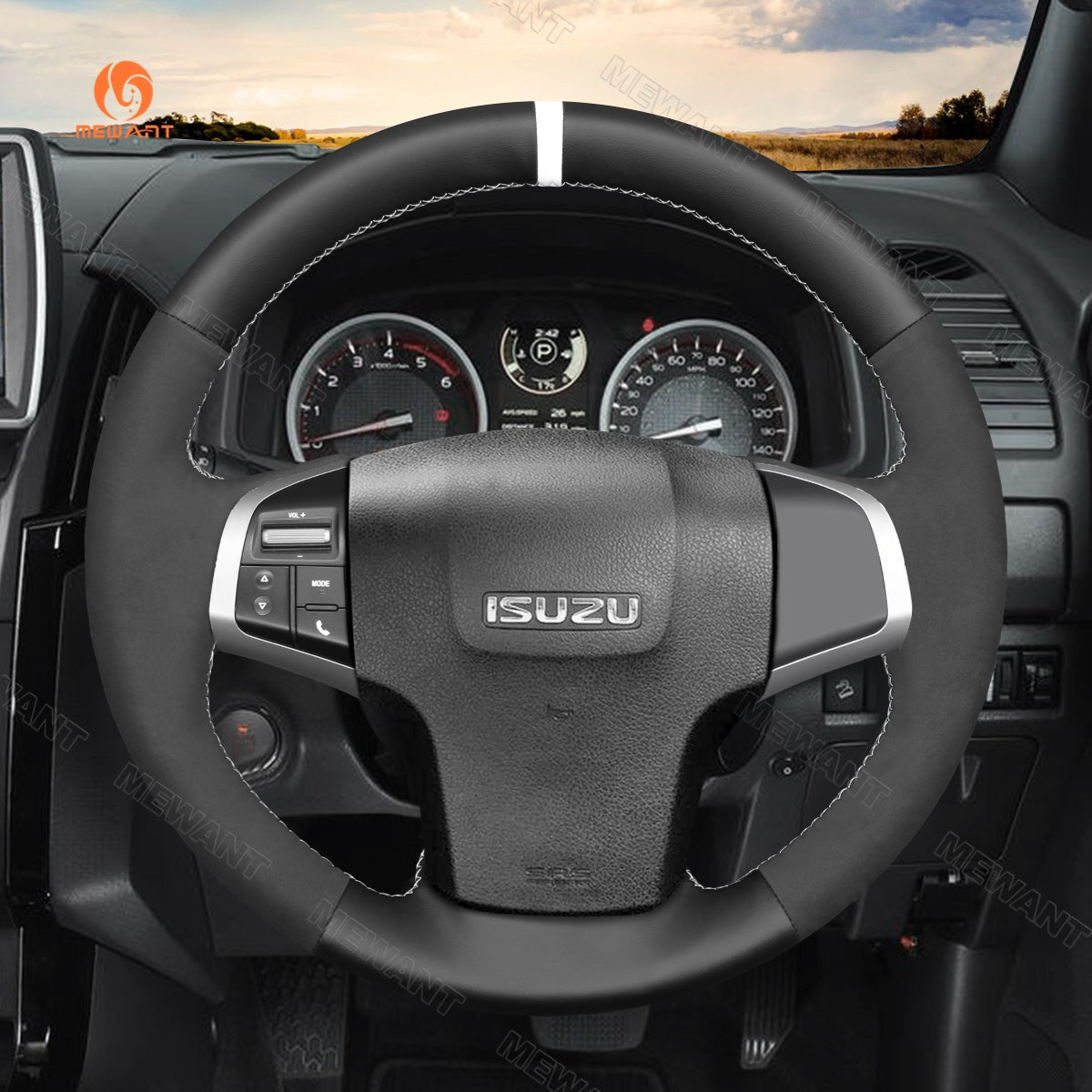 MEWANT Black Leather Suede Car Steering Wheel Cover for Isuzu D - Max 2016 - 2019 / MU - X 2013 - 2020 / for Holden Colorado (AU) 2012 - 2019 - Alcantara, Leather, Carbon Fiber, Easy Install, Non - Slip, Best Steering Wheel Cover