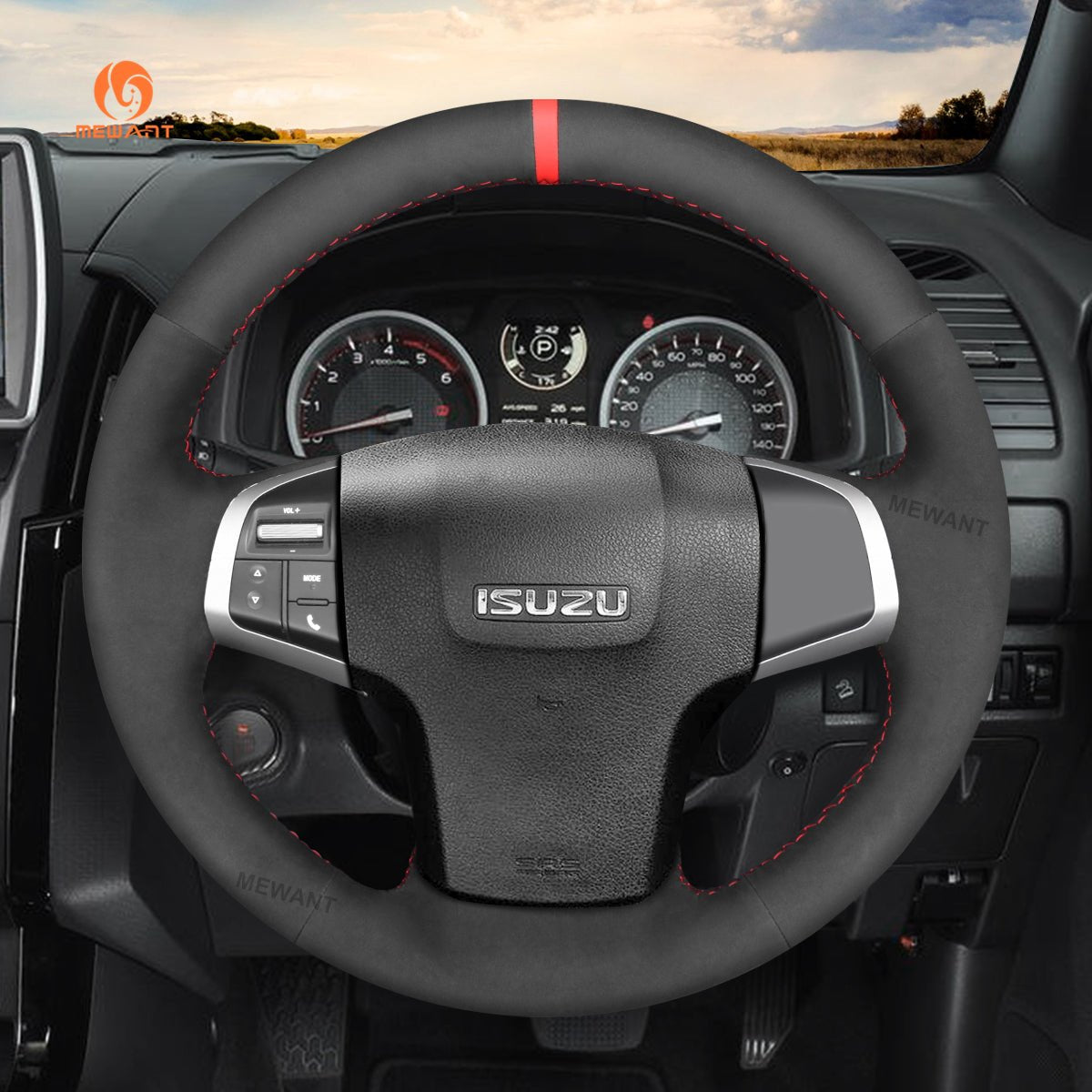 MEWANT Black Leather Suede Car Steering Wheel Cover for Isuzu D - Max 2016 - 2019 / MU - X 2013 - 2020 / for Holden Colorado (AU) 2012 - 2019 - Alcantara, Leather, Carbon Fiber, Easy Install, Non - Slip, Best Steering Wheel Cover