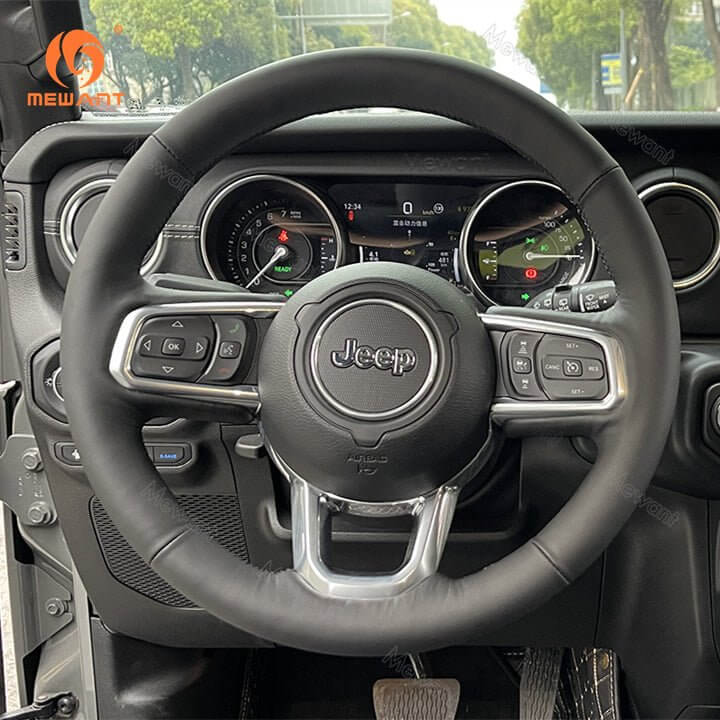 MEWANT Black Leather Suede Car Steering Wheel Cover for Jeep Gladiator (JT) / Wran gler (JL) / Wrangler Unlimited / Gladiator (JT) 2018 - 2025 - Alcantara, Leather, Carbon Fiber, Easy Install, Non - Slip, Best Steering Wheel Cover