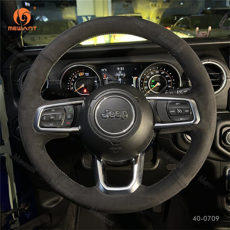 MEWANT Black Leather Suede Car Steering Wheel Cover for Jeep Gladiator (JT) / Wran gler (JL) / Wrangler Unlimited / Gladiator (JT) 2018 - 2025 - Alcantara, Leather, Carbon Fiber, Easy Install, Non - Slip, Best Steering Wheel Cover