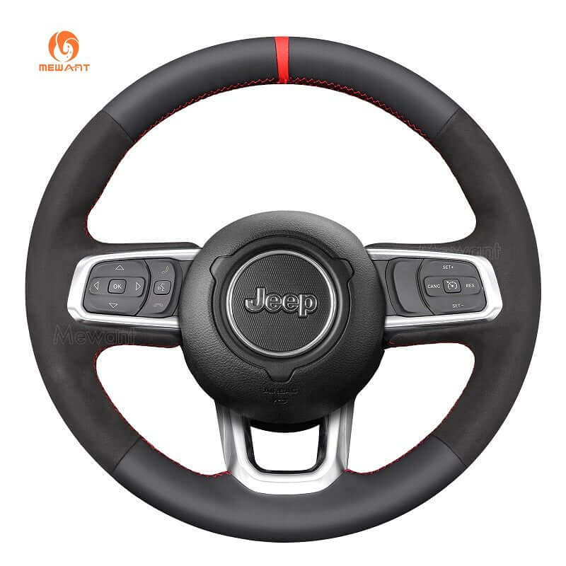MEWANT Black Leather Suede Car Steering Wheel Cover for Jeep Gladiator (JT) / Wran gler (JL) / Wrangler Unlimited / Gladiator (JT) 2018 - 2025 - Alcantara, Leather, Carbon Fiber, Easy Install, Non - Slip, Best Steering Wheel Cover