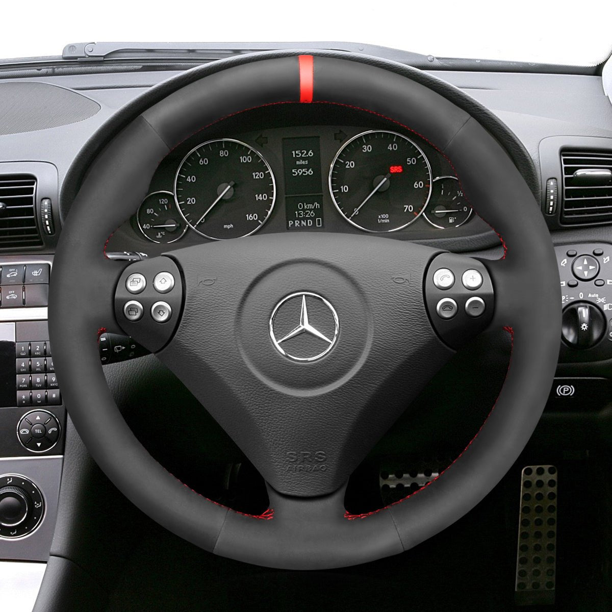 MEWANT Black Leather Suede Car Steering Wheel Cover for Mercedes Benz C - Class W203 2005 - 2007 / SLK - Class R171 2005 - 2008 - Alcantara, Leather, Carbon Fiber, Easy Install, Non - Slip, Best Steering Wheel Cover