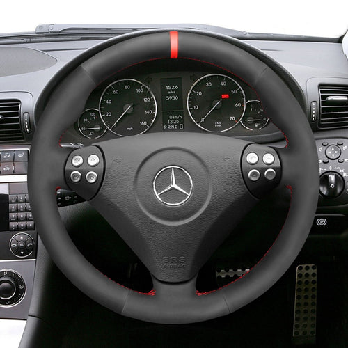 MEWANT Black Leather Suede Car Steering Wheel Cover for Mercedes Benz C - Class W203 2005 - 2007 / SLK - Class R171 2005 - 2008 - Alcantara, Leather, Carbon Fiber, Easy Install, Non - Slip, Best Steering Wheel Cover
