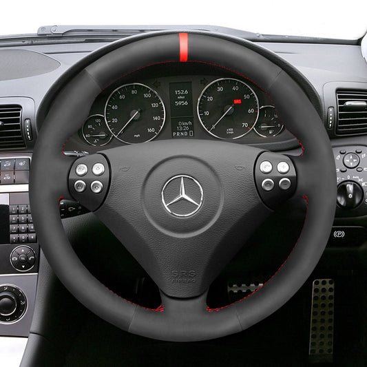 MEWANT Black Leather Suede Car Steering Wheel Cover for Mercedes Benz C - Class W203 2005 - 2007 / SLK - Class R171 2005 - 2008 - Mewant Cover