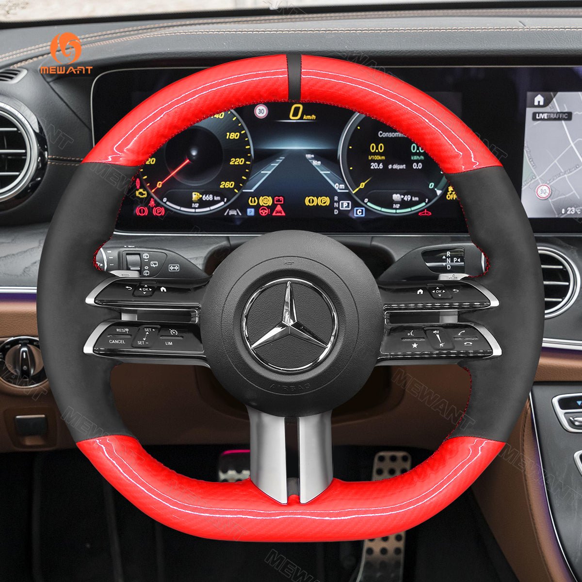 MEWANT Black Leather Suede Car Steering Wheel Cover for Mercedes Benz C - Class W206 / E - Class W213 / S - Class W223 2021 - Alcantara, Leather, Carbon Fiber, Easy Install, Non - Slip, Best Steering Wheel Cover